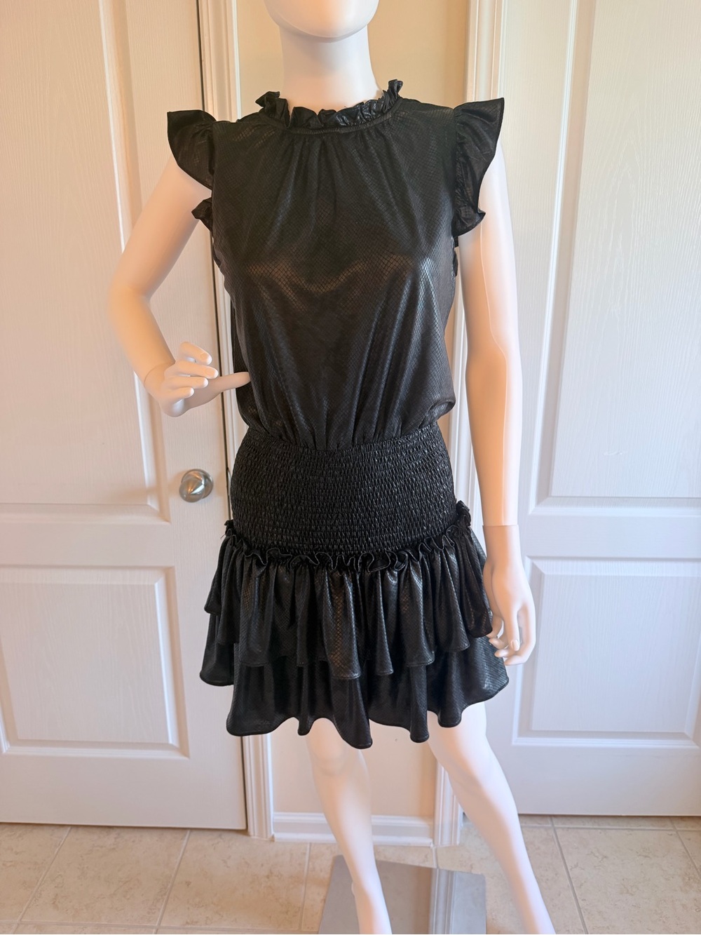 Women’s Chic Black Faux Leather Ruffled Mock Neck Short Dress Smocked Waist